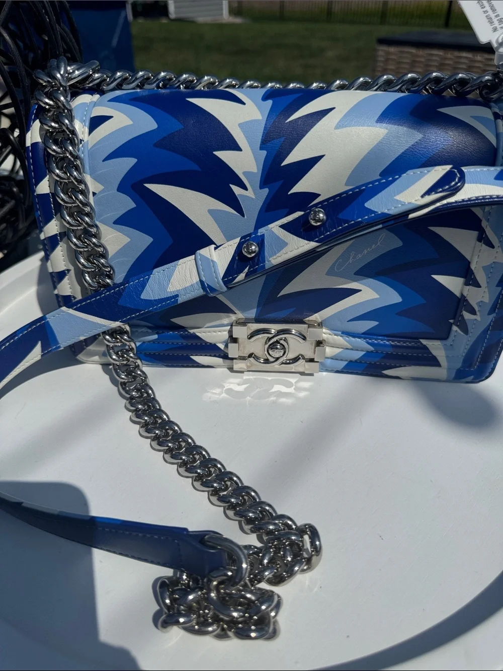 CHANEL Blue & White Chevron Boy Bag with Chain Strap